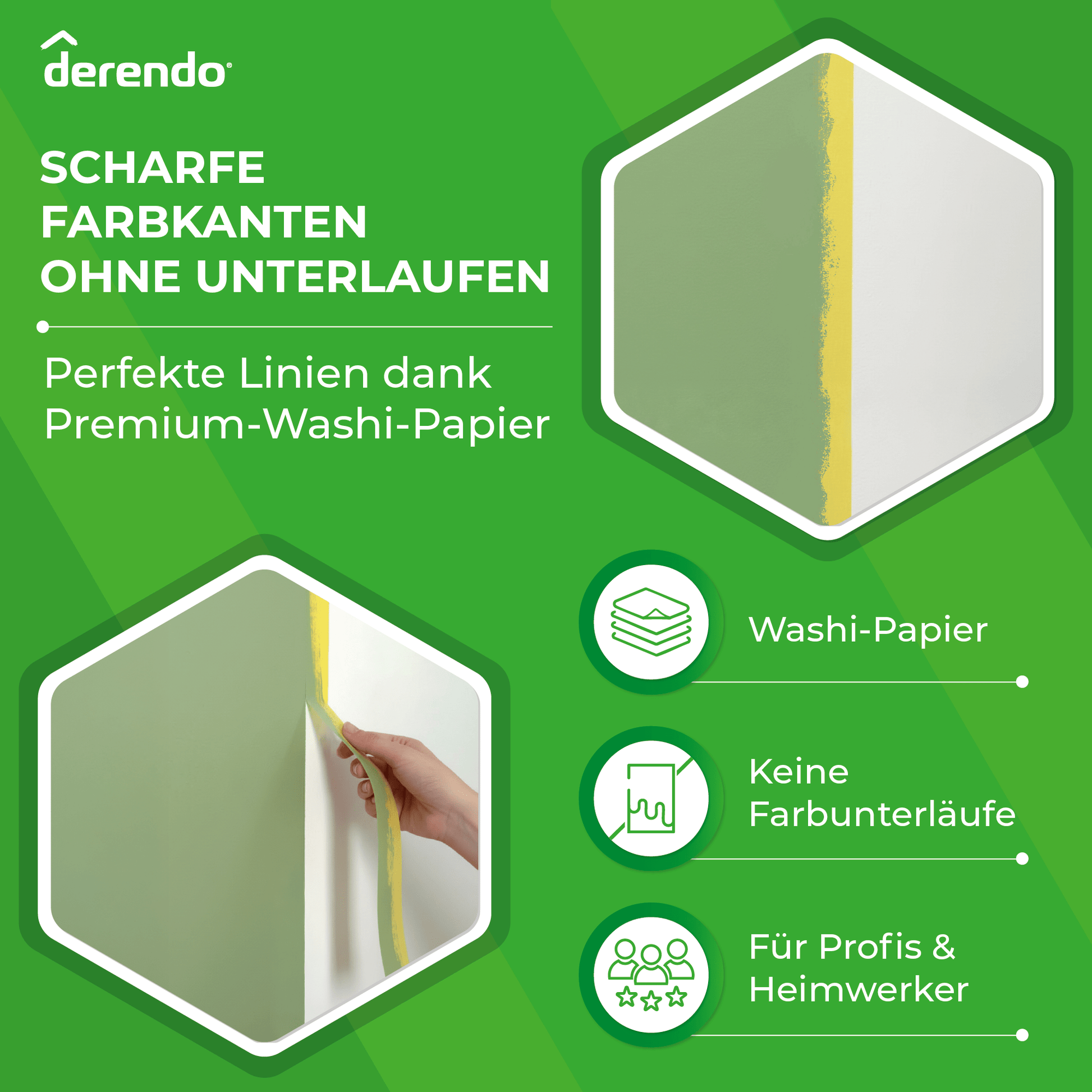 Derendo® Washi Tape Malerkrepp Premium – Goldband für scharfe Farbkanten in 30mm x 50m – Produktbild von Derendo