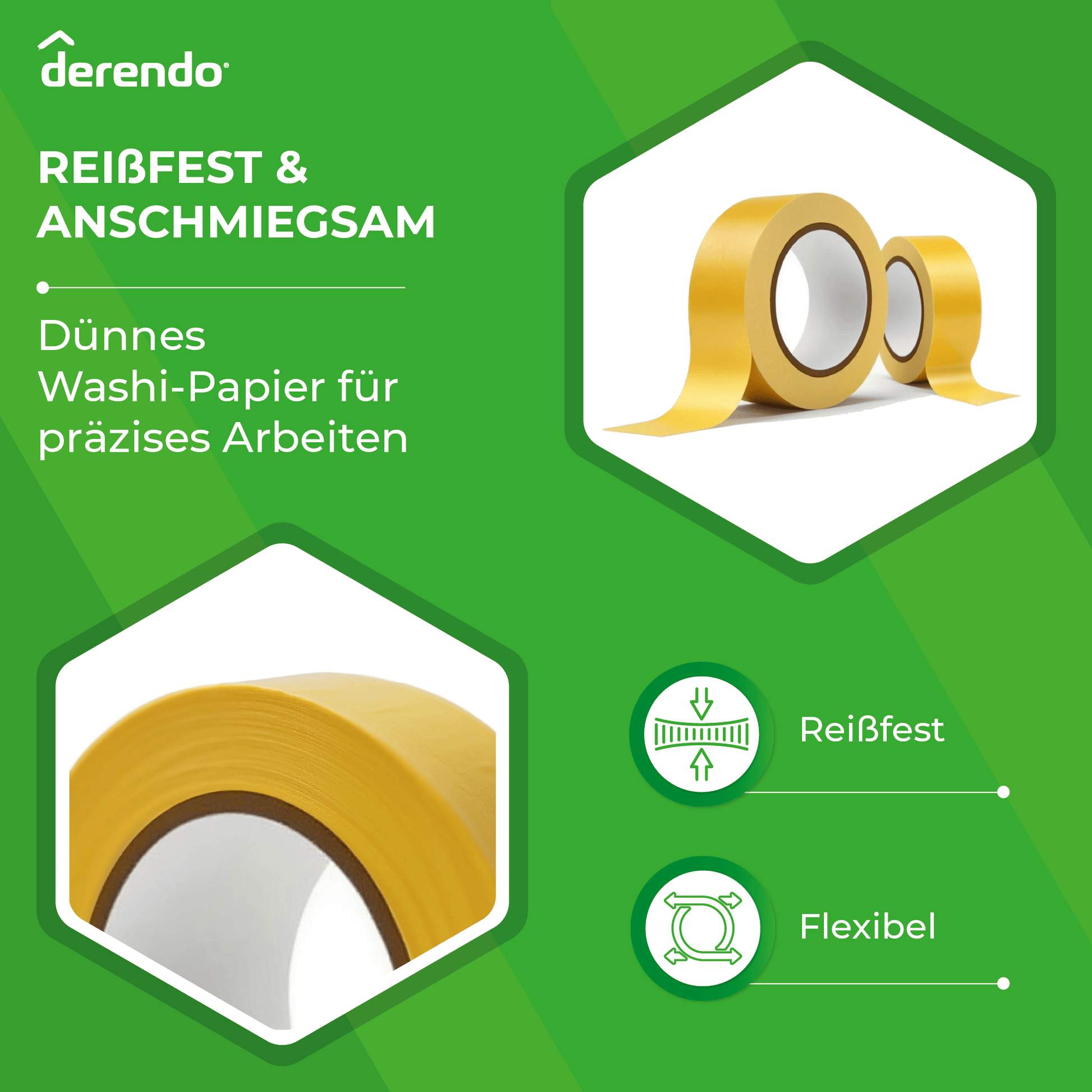 Derendo® Washi Tape Malerkrepp Premium – Goldband für scharfe Farbkanten in 30mm x 50m – Produktbild von Derendo