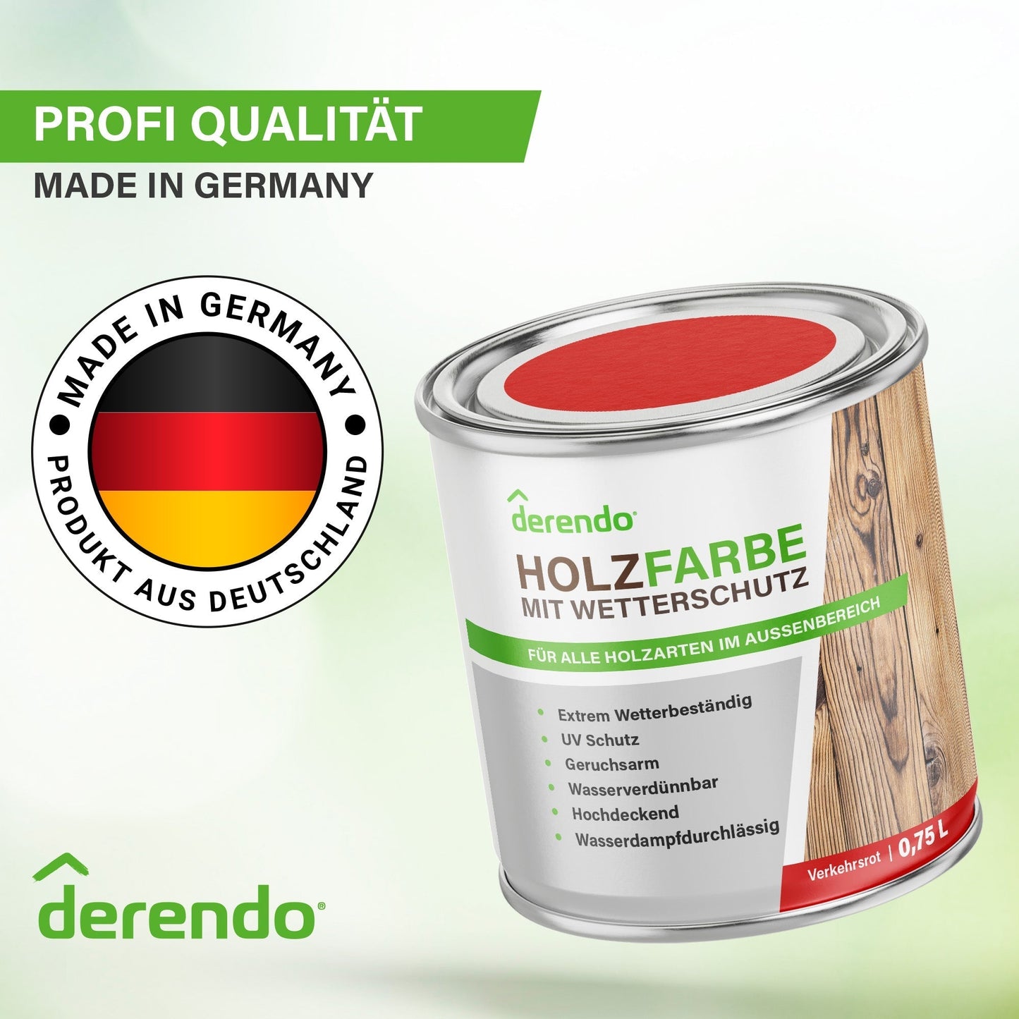 Derendo Wetterschutz Holzfarbe verkehrsrot RAL 3020 in Verkehrsrot RAL 3020 – Produktbild von Derendo
