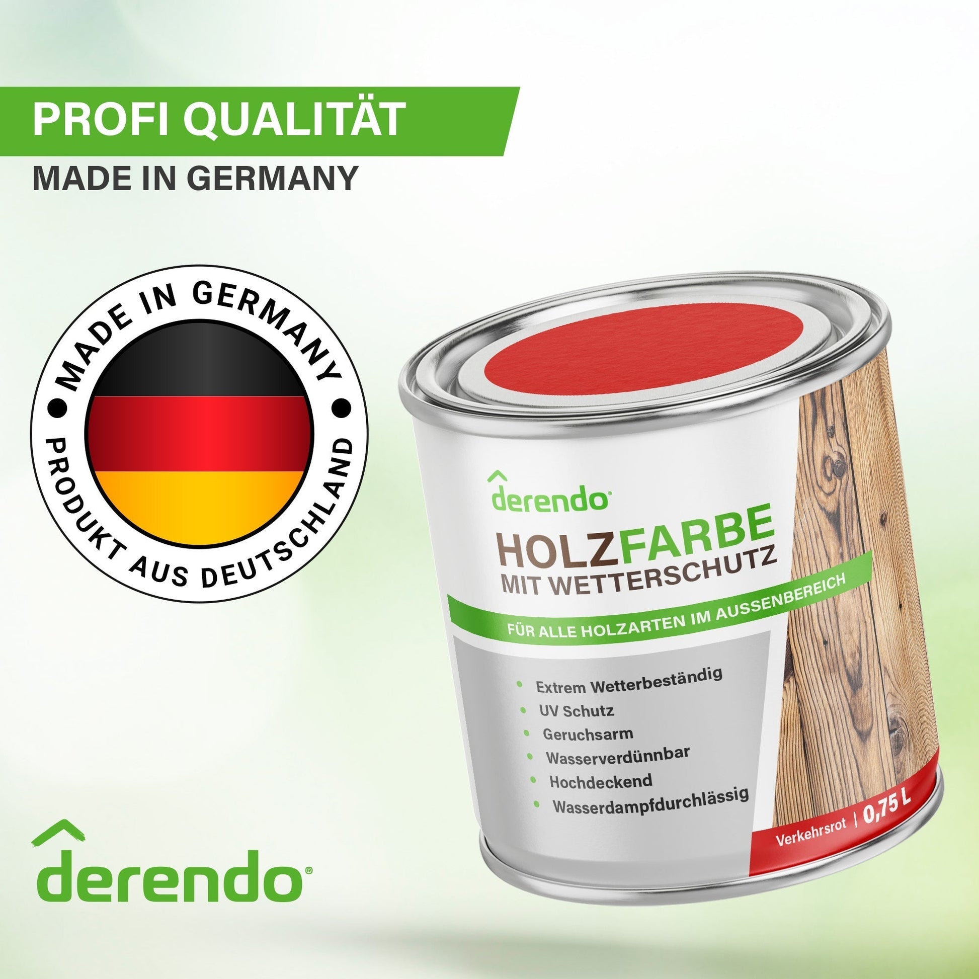Derendo Wetterschutz Holzfarbe verkehrsrot RAL 3020 in Verkehrsrot RAL 3020 – Produktbild von Derendo