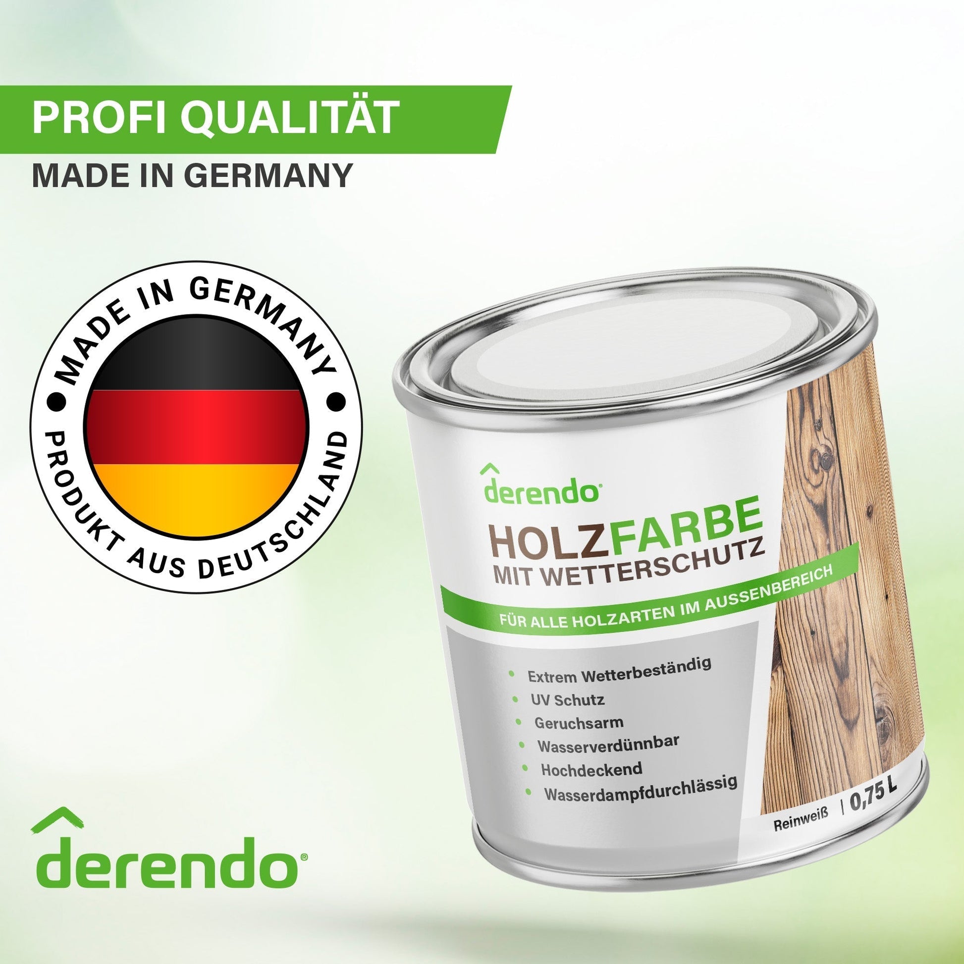 Derendo Wetterschutz Holzfarbe weiss für außen, seidenglänzend RAL 9010 in 0.75L – Produktbild von Derendo