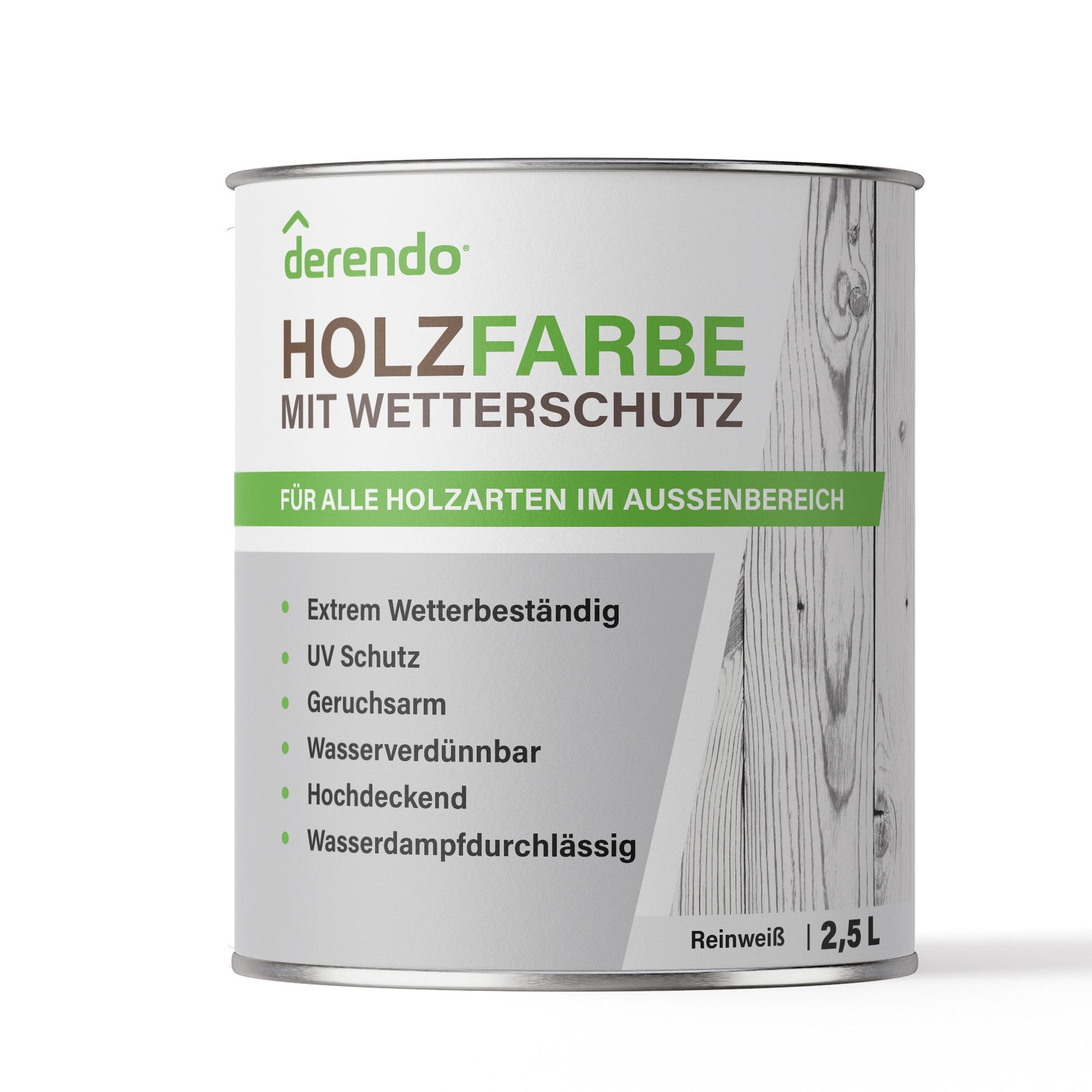 Derendo Wetterschutz Holzfarbe weiss für außen, seidenglänzend RAL 9010 in 0.75L – Produktbild von Derendo