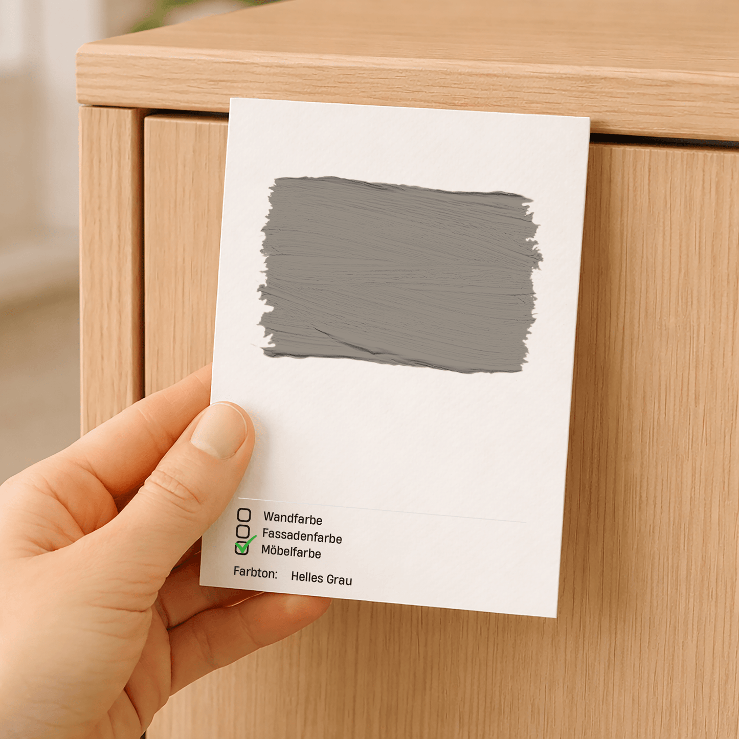 Farbmusterkarte A6 – mit echter Möbelfarbe handgestrichen auf Leinenstrukturkarton in Helles Grau – Produktbild von Derendo