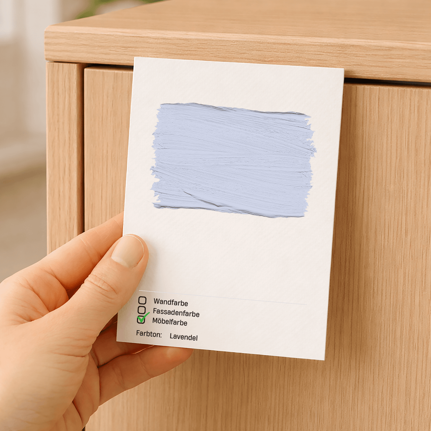 Farbmusterkarte A6 – mit echter Möbelfarbe handgestrichen auf Leinenstrukturkarton in Lavendel – Produktbild von Derendo