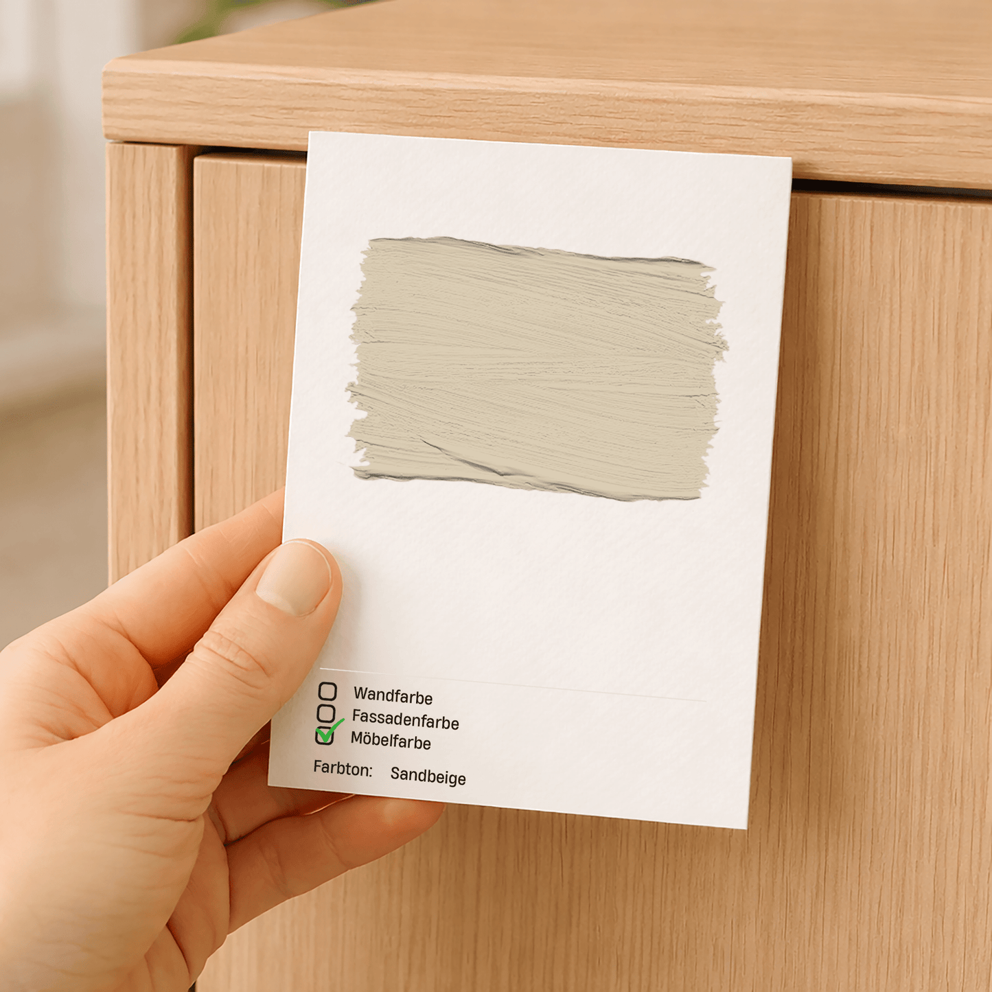 Farbmusterkarte A6 – mit echter Möbelfarbe handgestrichen auf Leinenstrukturkarton in Sandbeige – Produktbild von Derendo