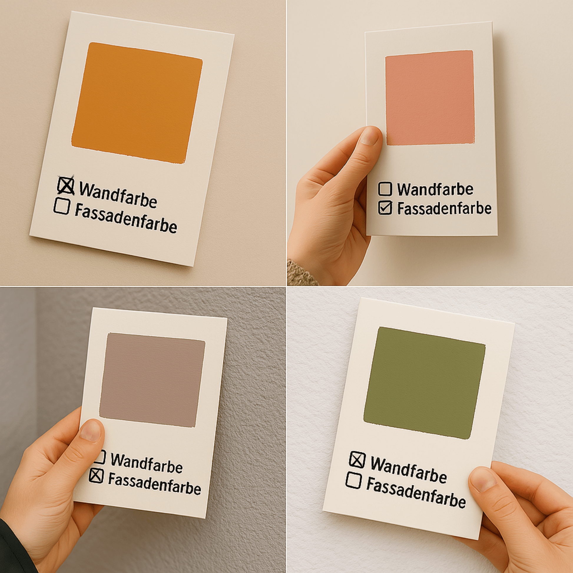 Farbmusterkarte A6 – mit echter Wand - oder Fassadenfarbe handgestrichen auf Leinenstrukturkarton - FK - FAF - Aprikose - Derendo