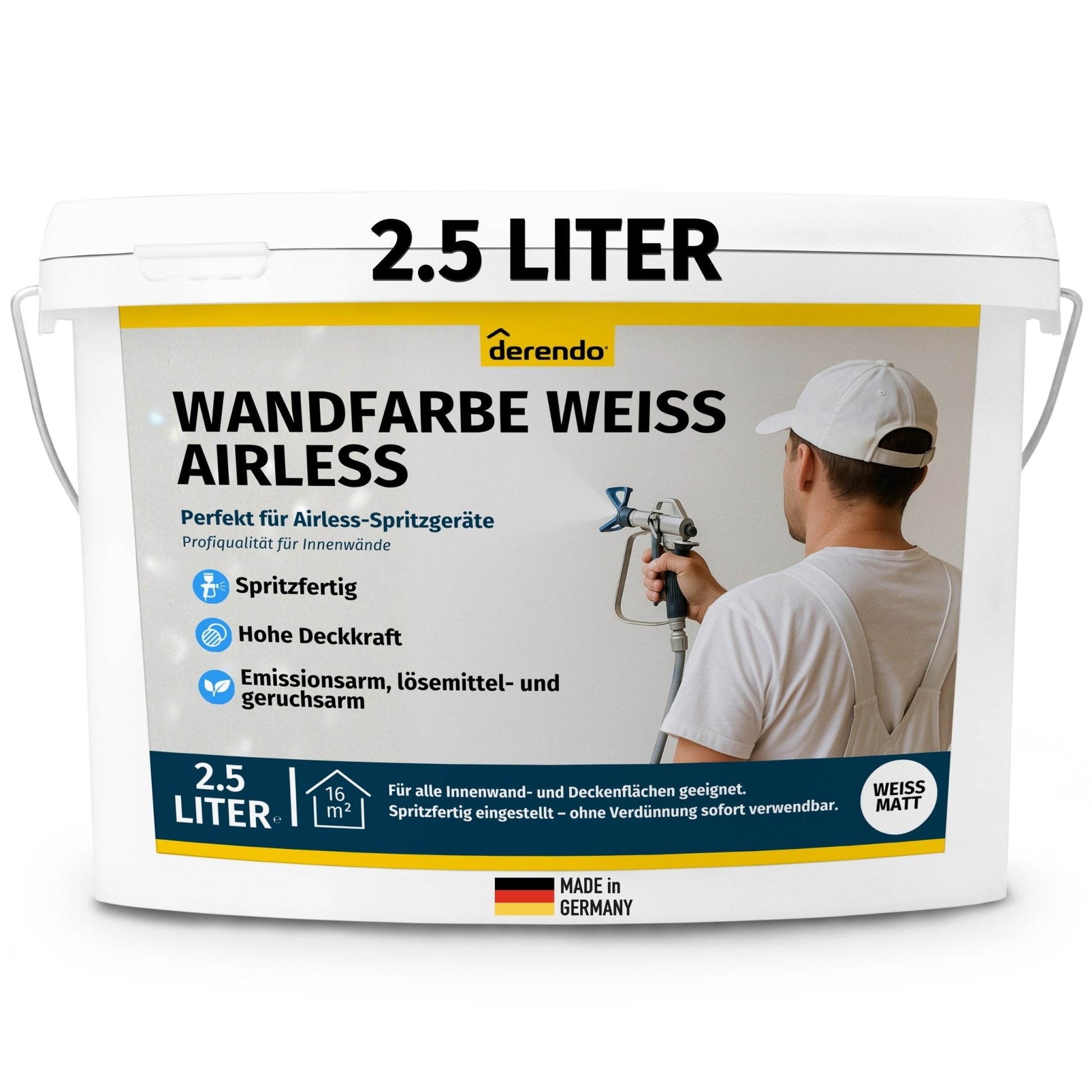Wandfarbe Weiß für Airlessgerät – Direkt spritzfähig ohne Verdünnen in 2.5l – Produktbild von Derendo