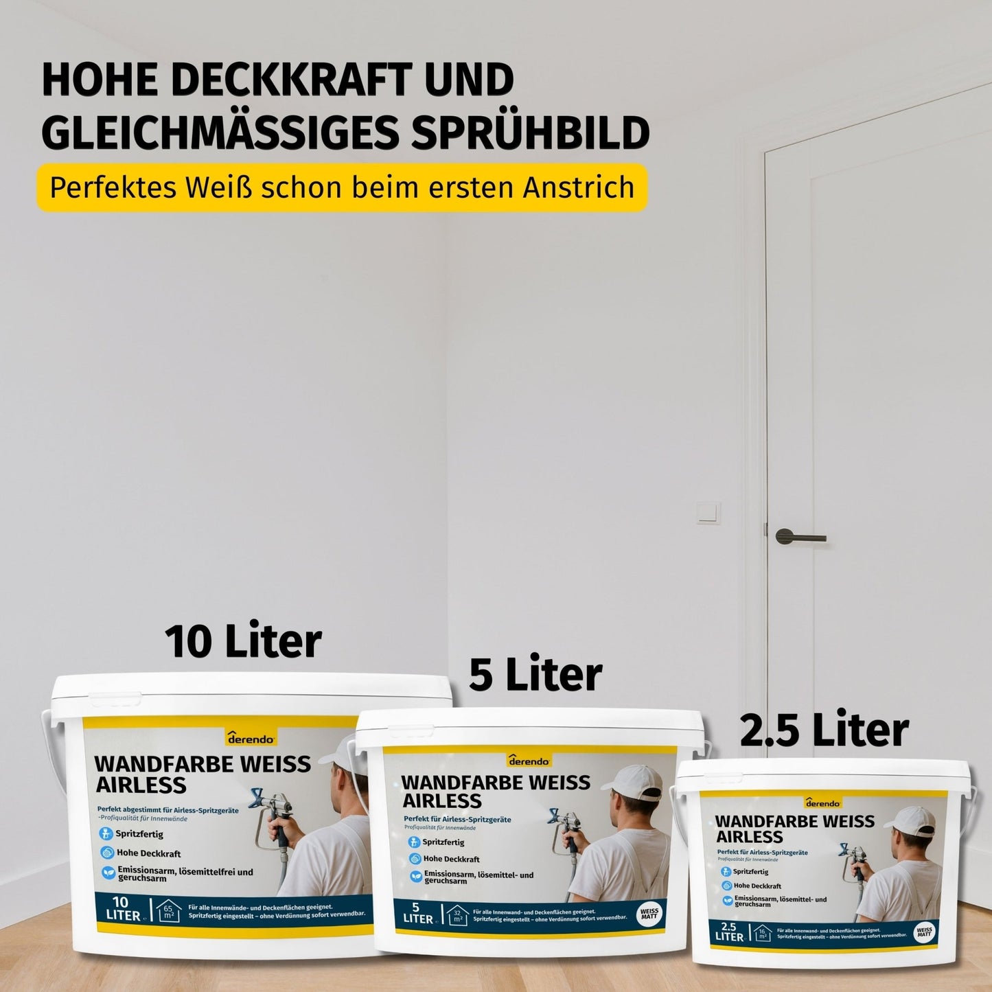 Wandfarbe Weiß für Airlessgerät – Direkt spritzfähig ohne Verdünnen in 2.5l – Produktbild von Derendo