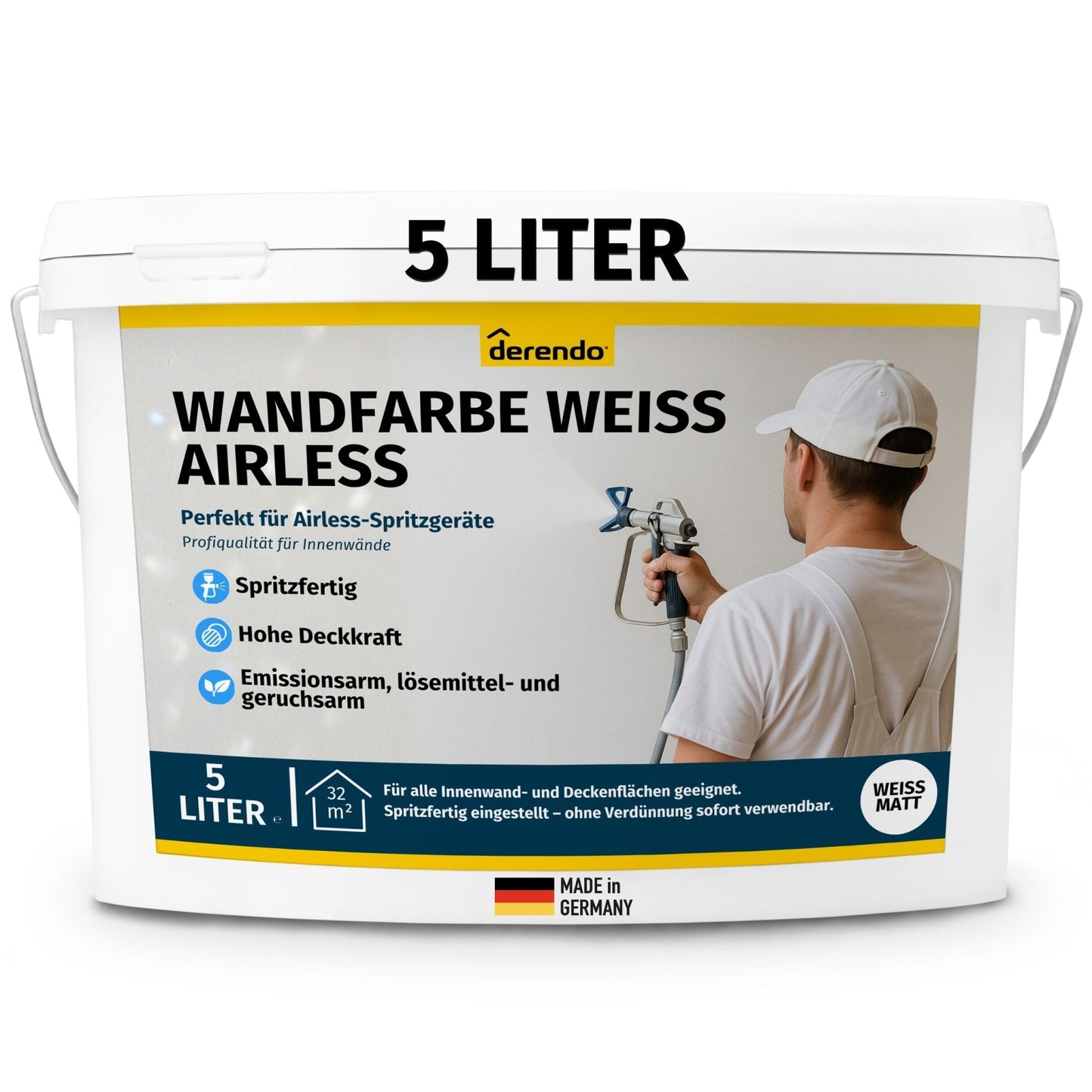 Wandfarbe Weiß für Airlessgerät – Direkt spritzfähig ohne Verdünnen in 5l – Produktbild von Derendo